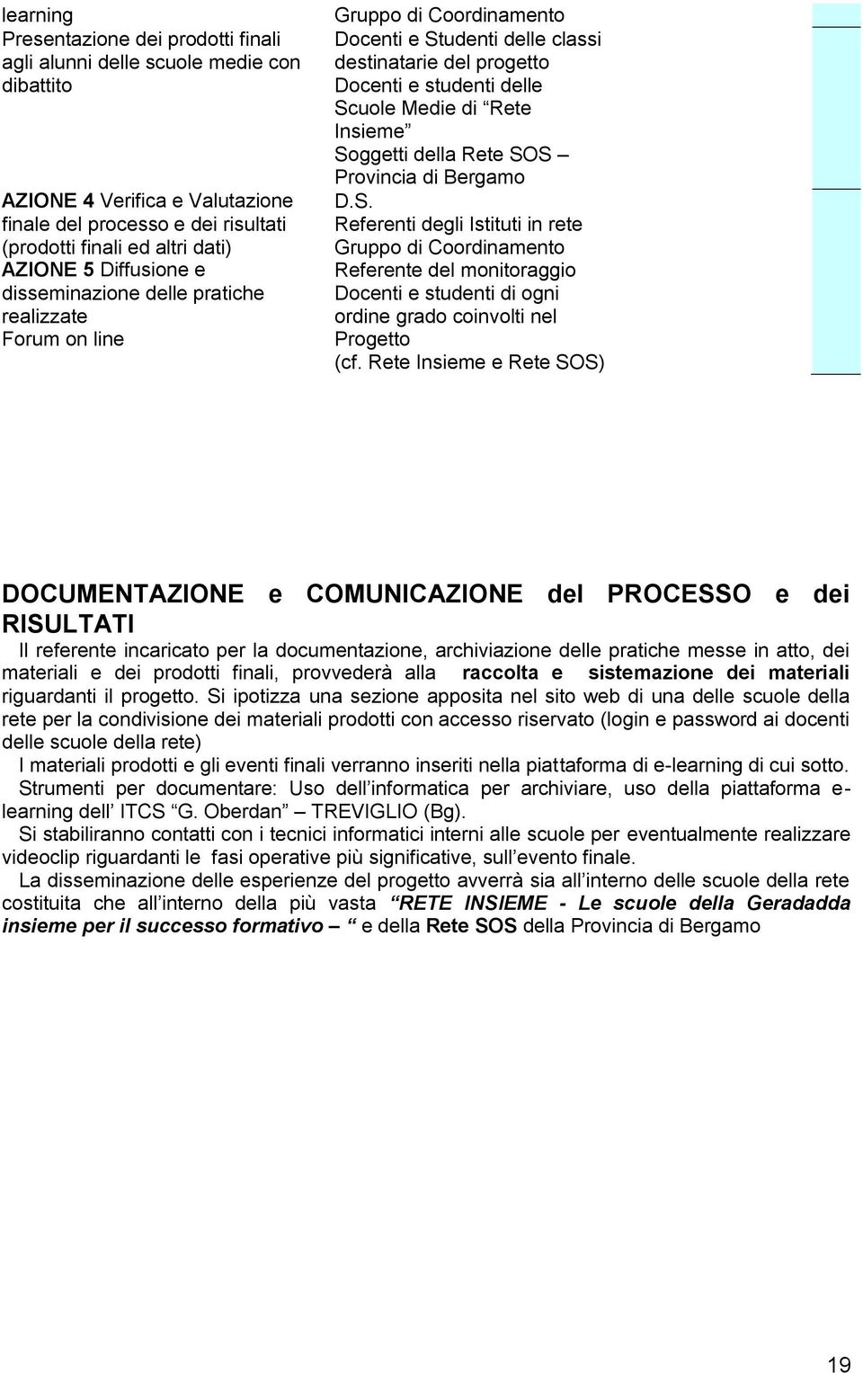 Insieme Soggetti della Rete SOS Provincia di Bergamo D.S. Referenti degli Istituti in rete Gruppo di Coordinamento Referente del monitoraggio Docenti e studenti di ogni ordine grado coinvolti nel Progetto (cf.