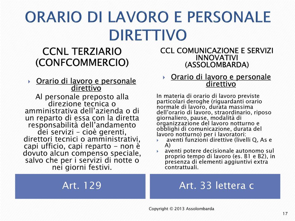 129 CCL COMUNICAZIONE E SERVIZI INNOVATIVI Orario di lavoro e personale direttivo In materia di orario di lavoro previste particolari deroghe (riguardanti orario normale di lavoro, durata massima