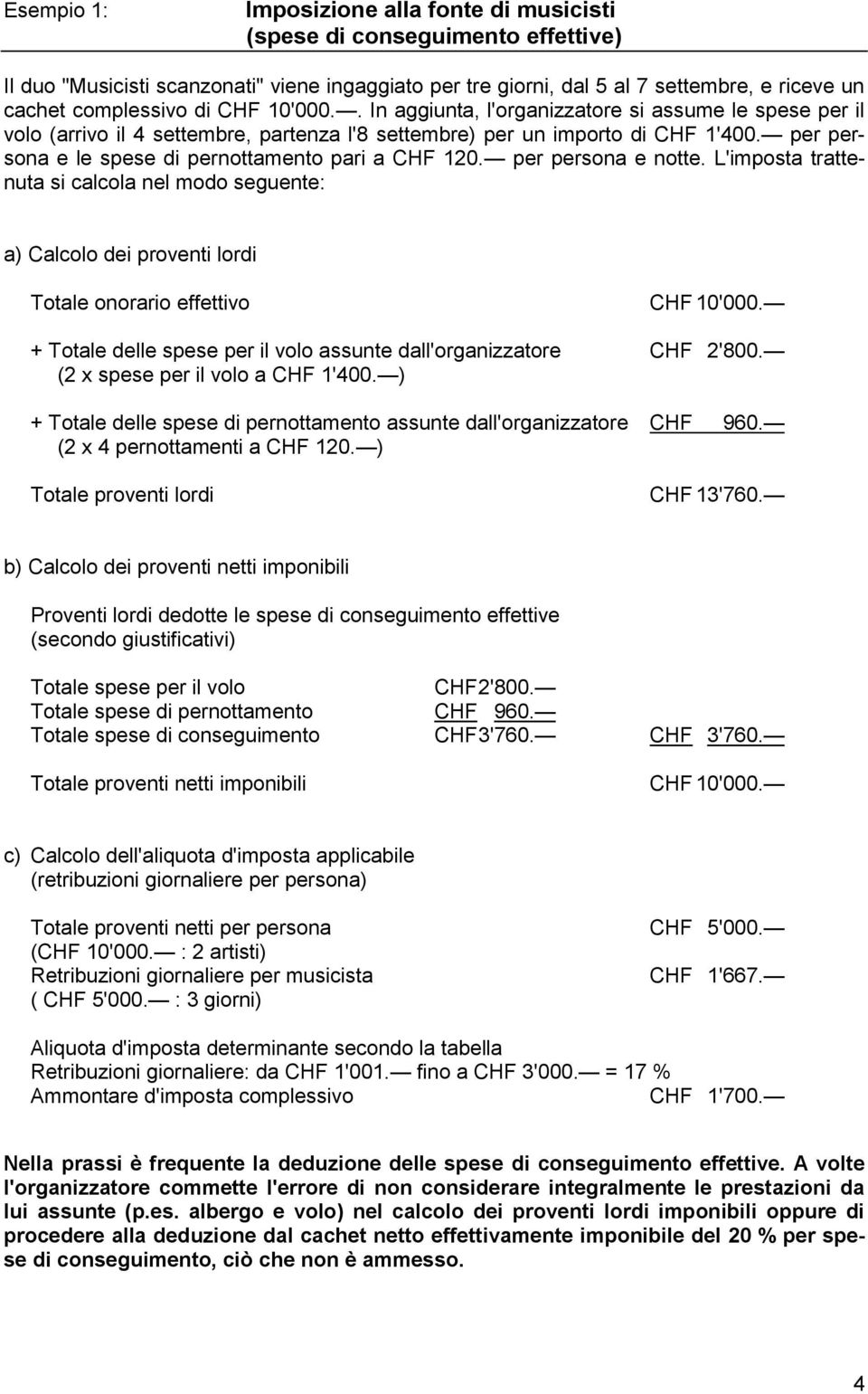 per persona e notte. L'imposta trattenuta si calcola nel modo seguente: a) Calcolo dei proventi lordi Totale onorario effettivo CHF 10'000.