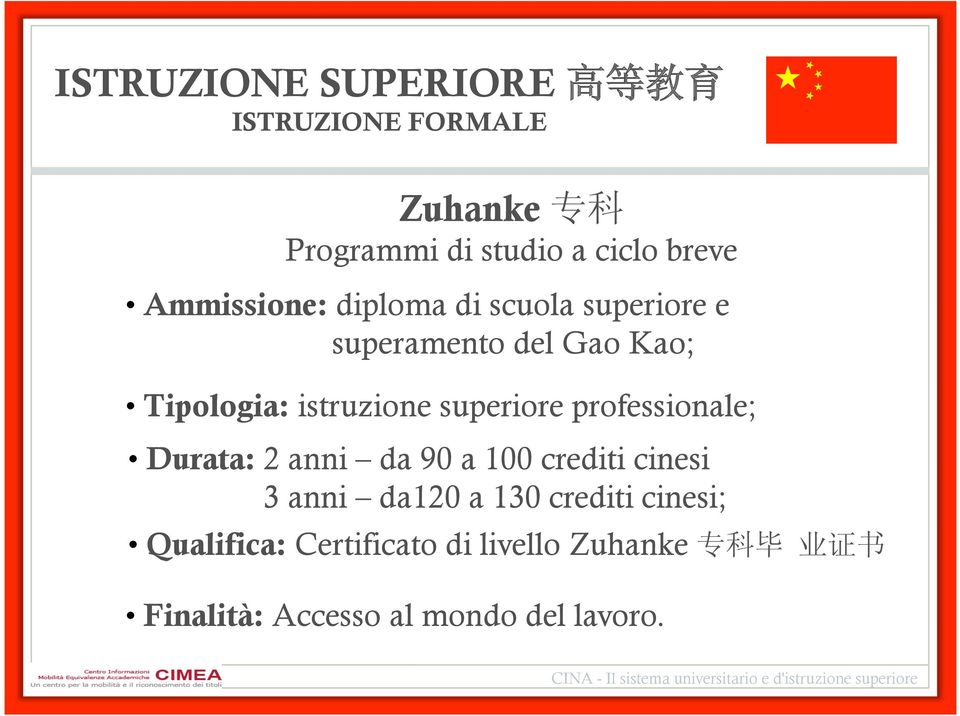 superiore professionale; Durata: 2 anni da 90 a 100 crediti cinesi 3 anni da120 a 130