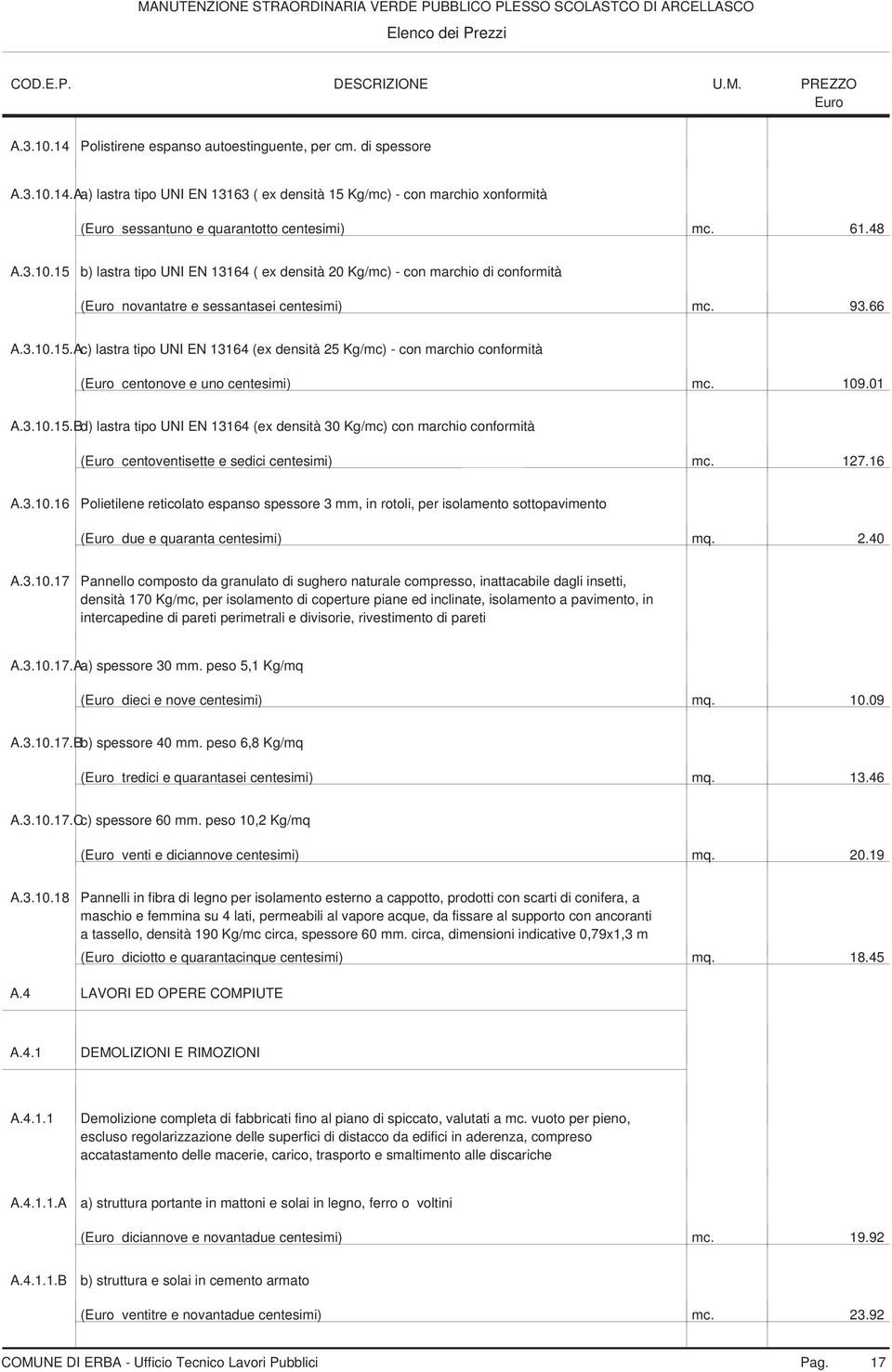 109.01 A.3.10.15.Bd) lastra tipo UNI EN 13164 (ex densità 30 Kg/mc) con marchio conformità ( centoventisette e sedici centesimi) mc. 127.16 A.3.10.16 Polietilene reticolato espanso spessore 3 mm, in rotoli, per isolamento sottopavimento ( due e quaranta centesimi) mq.