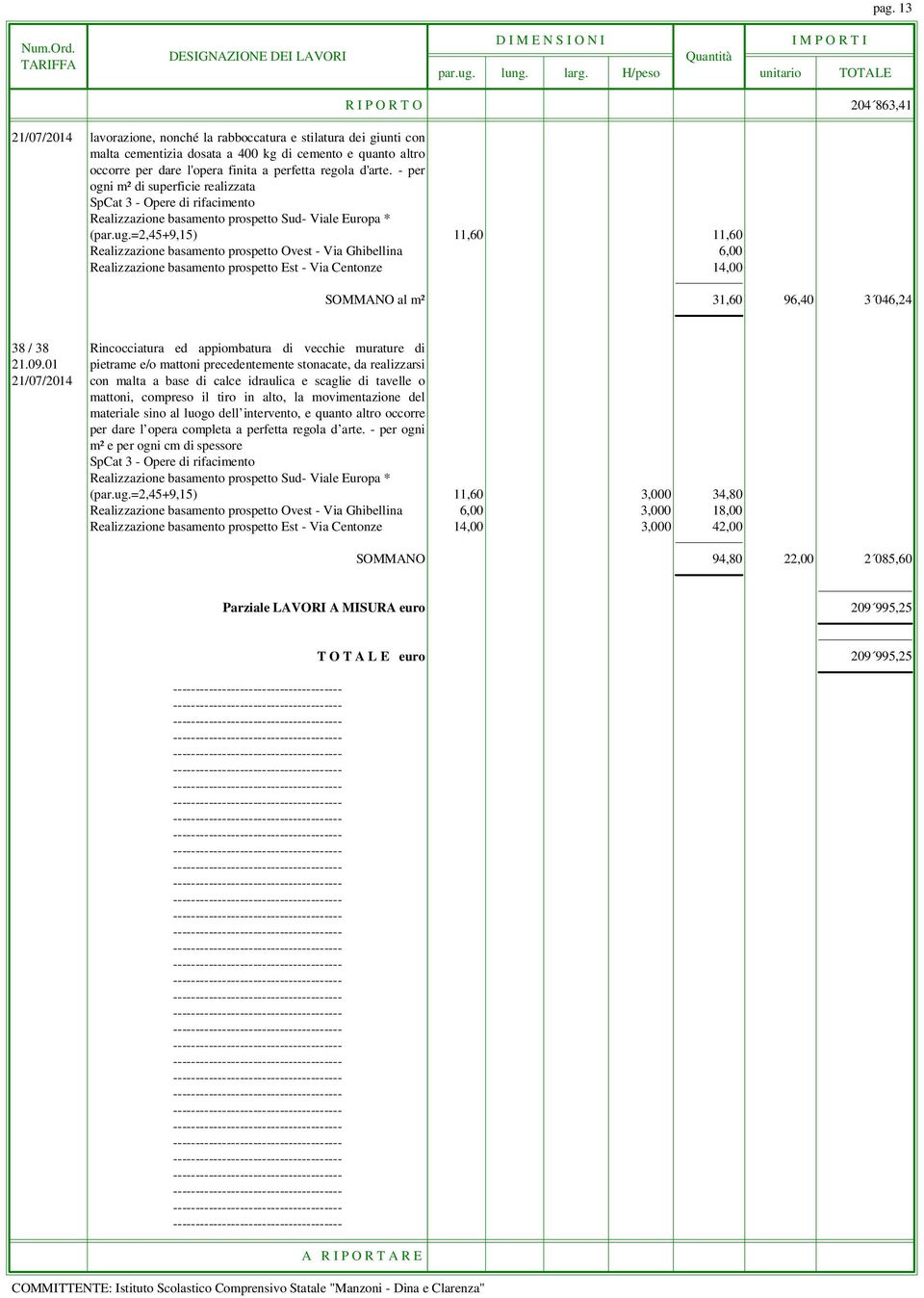 =2,45+9,15) 11,60 11,60 Realizzazione basamento prospetto Ovest - Via Ghibellina 6,00 Realizzazione basamento prospetto Est - Via Centonze 14,00 SOMMANO al m² 31,60 96,40 3 046,24 38 / 38