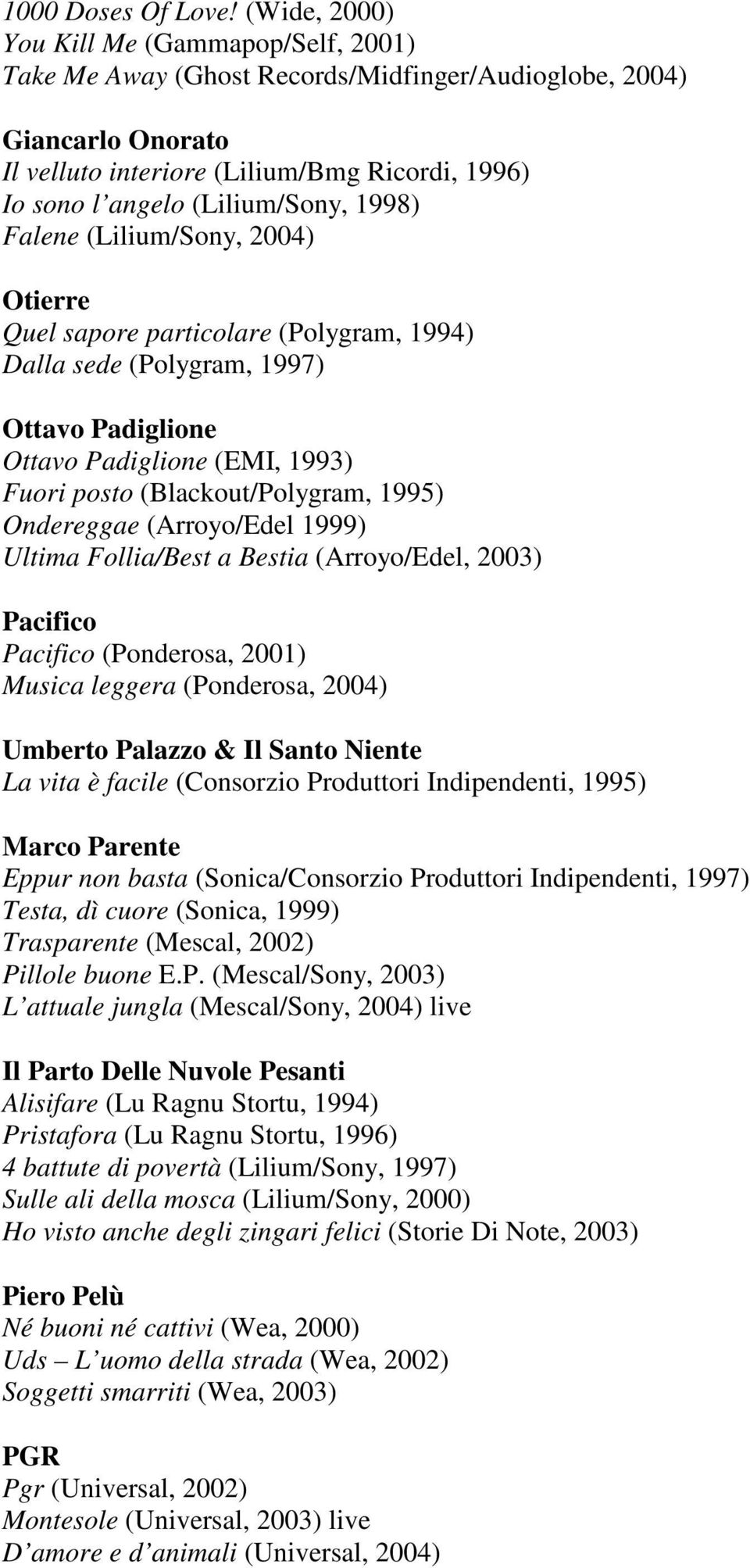 1998) Falene (Lilium/Sony, 2004) Otierre Quel sapore particolare (Polygram, 1994) Dalla sede (Polygram, 1997) Ottavo Padiglione Ottavo Padiglione (EMI, 1993) Fuori posto (Blackout/Polygram, 1995)