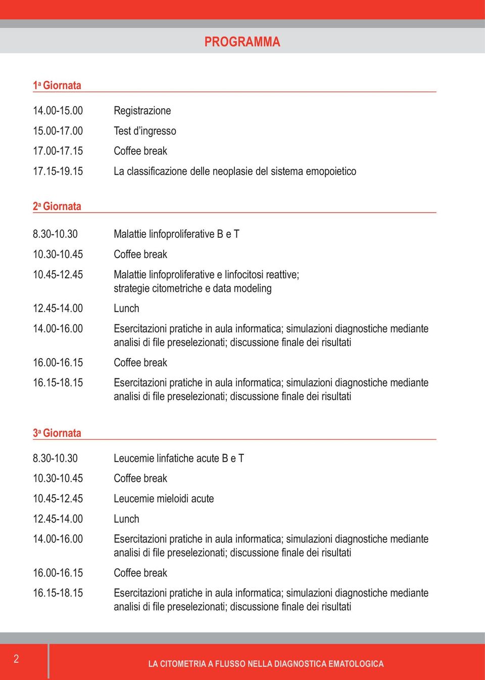 00 Esercitazioni pratiche in aula informatica; simulazioni diagnostiche mediante 16.00-16.15 Coffee break 16.15-18.