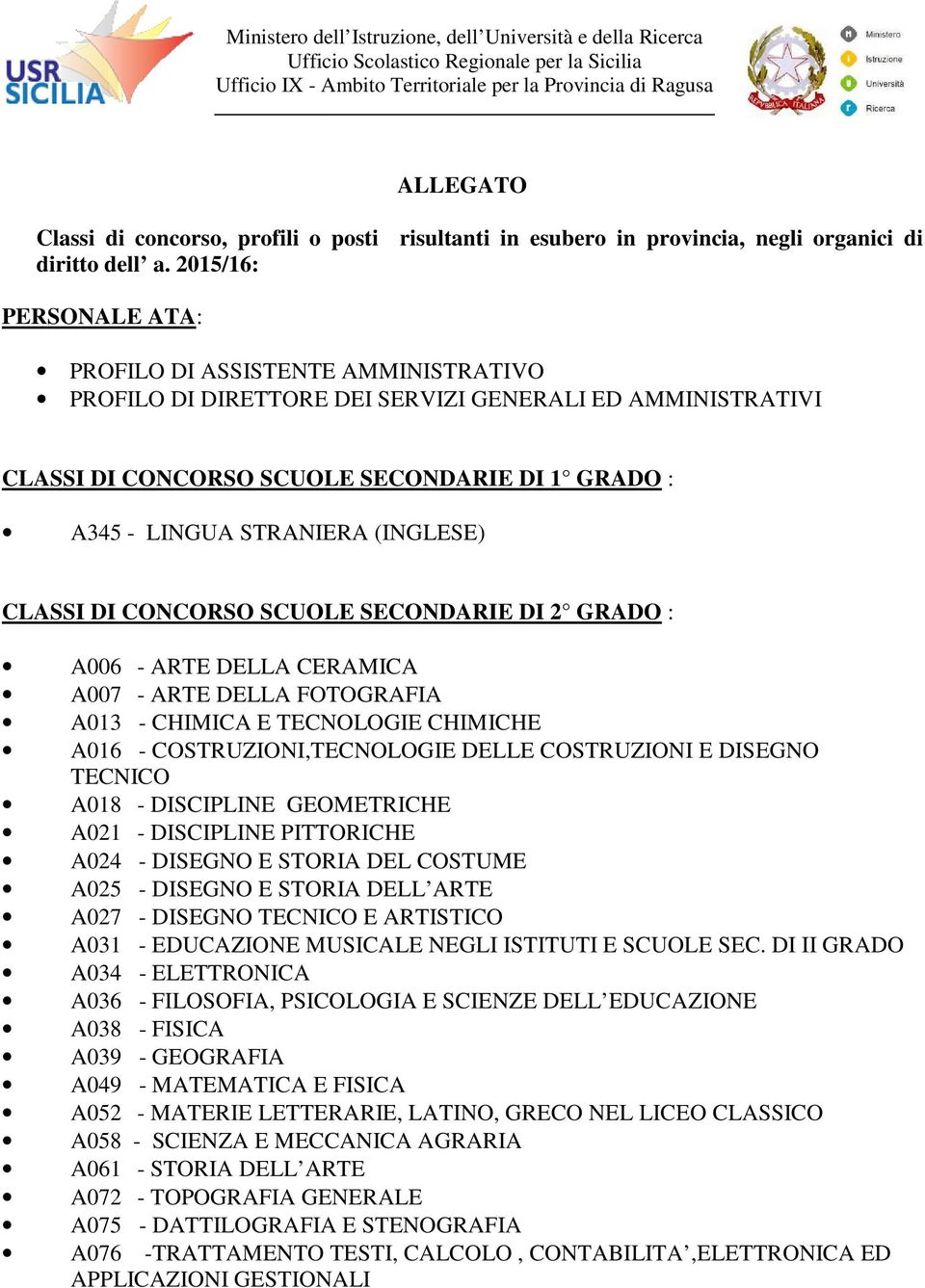 2015/16: PERSONALE ATA: PROFILO DI ASSISTENTE AMMINISTRATIVO PROFILO DI DIRETTORE DEI SERVIZI GENERALI ED AMMINISTRATIVI CLASSI DI CONCORSO SCUOLE SECONDARIE DI 1 GRADO : A345 - LINGUA STRANIERA