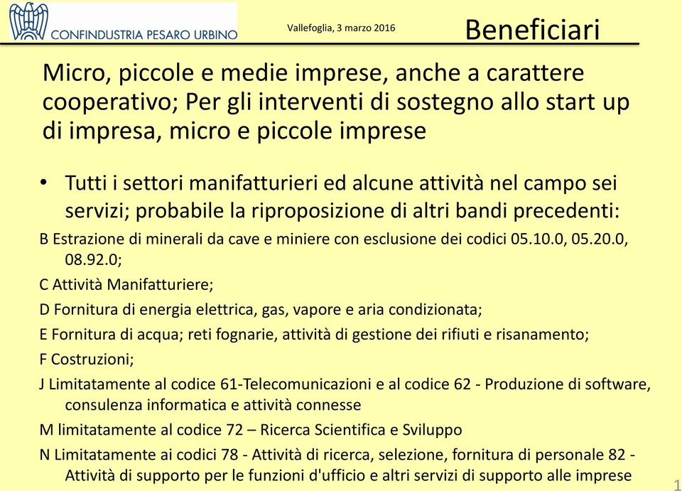 0; C Attività Manifatturiere; D Fornitura di energia elettrica, gas, vapore e aria condizionata; E Fornitura di acqua; reti fognarie, attività di gestione dei rifiuti e risanamento; F Costruzioni; J