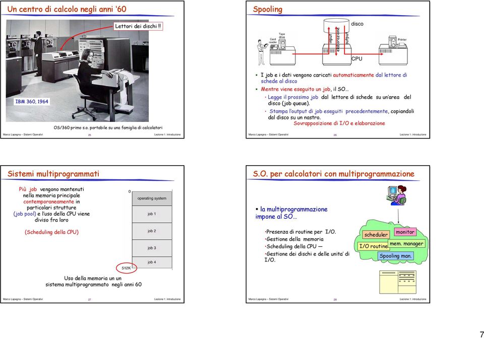 o negli anni 60 Spooling Lettori dei dischi!! input elaborazione output disco CPU IBM 360, 1964 OS/360 primo s.o. portabile su una famiglia atori I job e i dati vengono caricati automaticamente dal