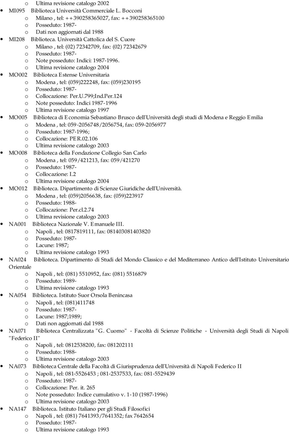 Per.124 o Note posseduto: Indici 1987-1996 o Ultima revisione catalogo 1997 MO005 Biblioteca di Economia Sebastiano Brusco dell'università degli studi di Modena e Reggio Emilia o Modena, tel: