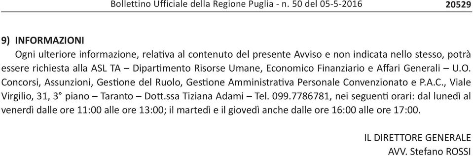 alla ASL TA Dipartimento Risorse Umane, Economico Finanziario e Affari Generali U.O.