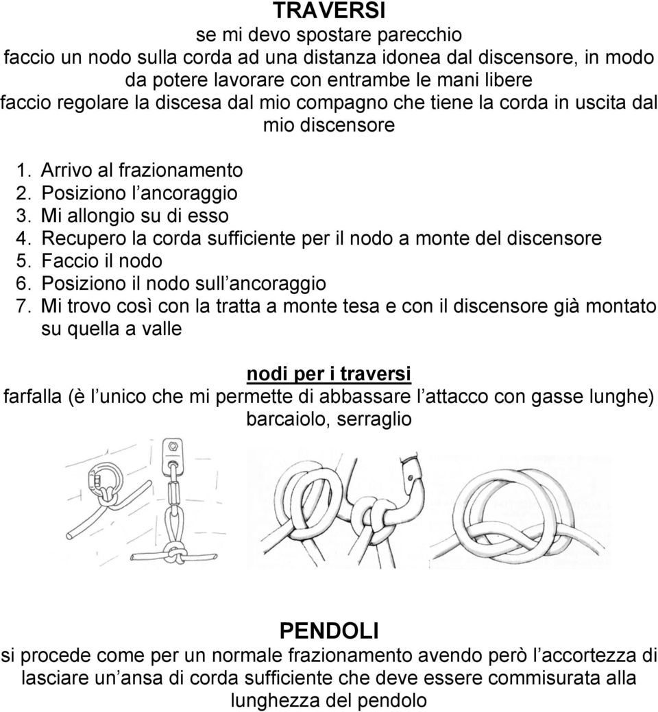 Recupero la corda sufficiente per il nodo a monte del discensore 5. Faccio il nodo 6. Posiziono il nodo sull ancoraggio 7.