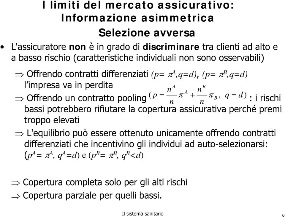 q d ) n n : i rischi bassi potrebbero rifiutare la copertura assicurativa perché premi troppo elevati L'equilibrio può essere ottenuto unicamente offrendo contratti