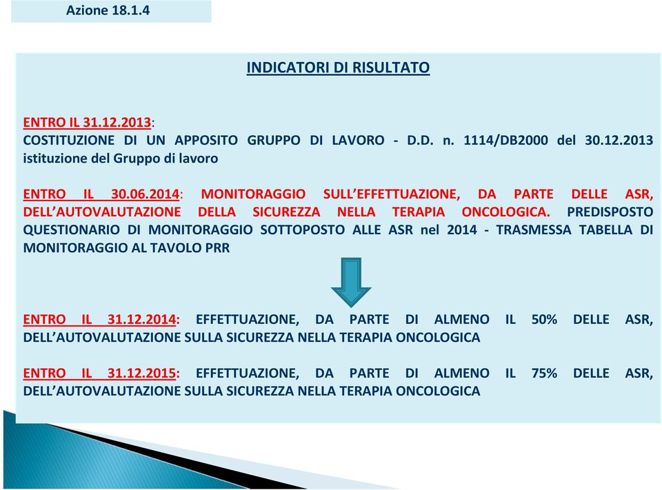 PREDISPOSTO QUESTIONARIO DI MONITORAGGIO SOTTOPOSTO ALLE ASR nel 2014 - TRASMESSA TABELLA DI MONITORAGGIO AL TAVOLO PRR ENTRO IL 31.12.