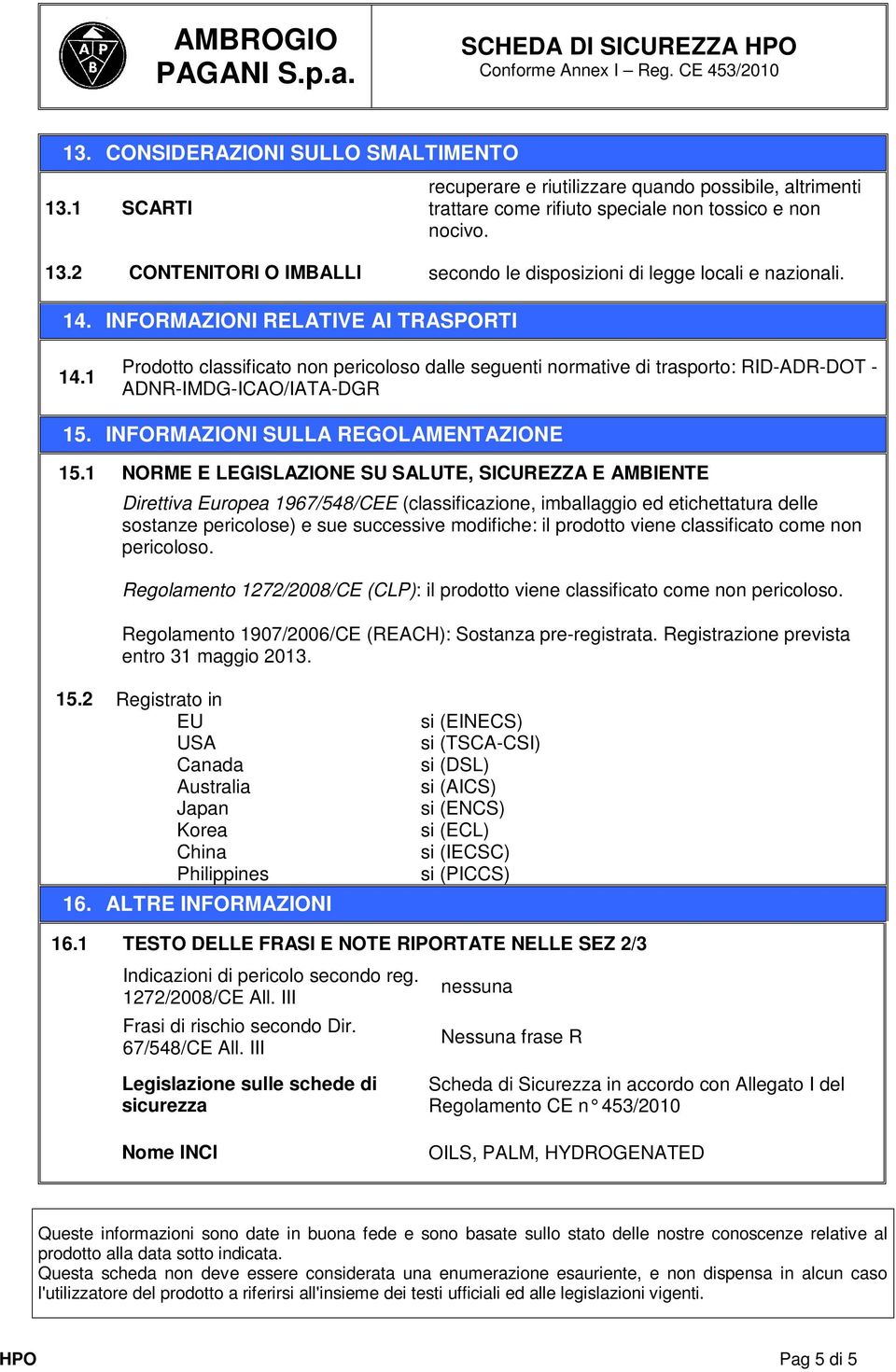 INFORMAZIONI SULLA REGOLAMENTAZIONE 15.