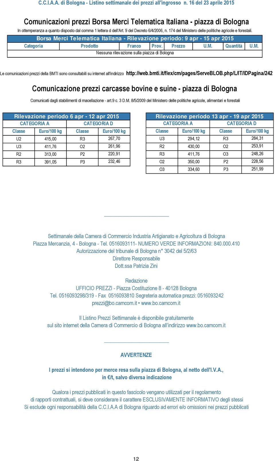 bmti.it/flex/cm/pages/serveblob.php/l/it/idpagina/242 Comunicazione prezzi carcasse bovine e suine - piazza di Bologna Comunicati dagli stabilimenti di macellazione - art.9 c. 3 D.M.