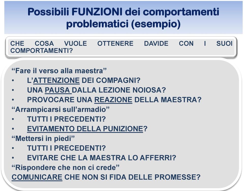 PROVOCARE UNA REAZIONE DELLA MAESTRA? Arrampicarsi sull armadio TUTTI I PRECEDENTI? EVITAMENTO DELLA PUNIZIONE?