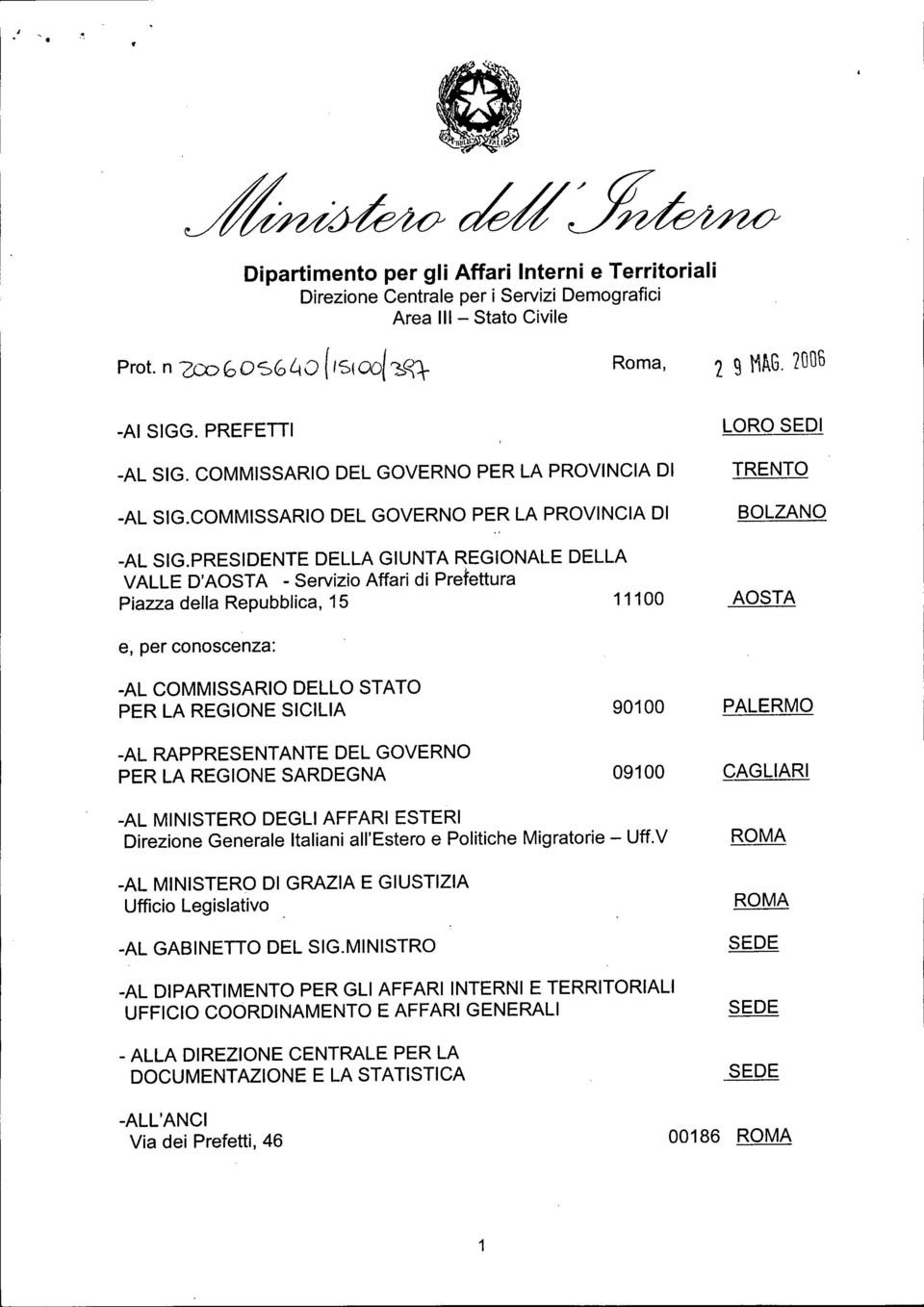 PRESIDENTE DELLA GIUNTA REGIONALE DELLA VALLE D'AOSTA - Servizio Affari di Prefettura Piazza Repubblica, 15 11100 LORO SEDI TRENTO BOLZANO AOSTA e, per conoscenza: -AL COMMISSARIO DELLO STATO PER LA