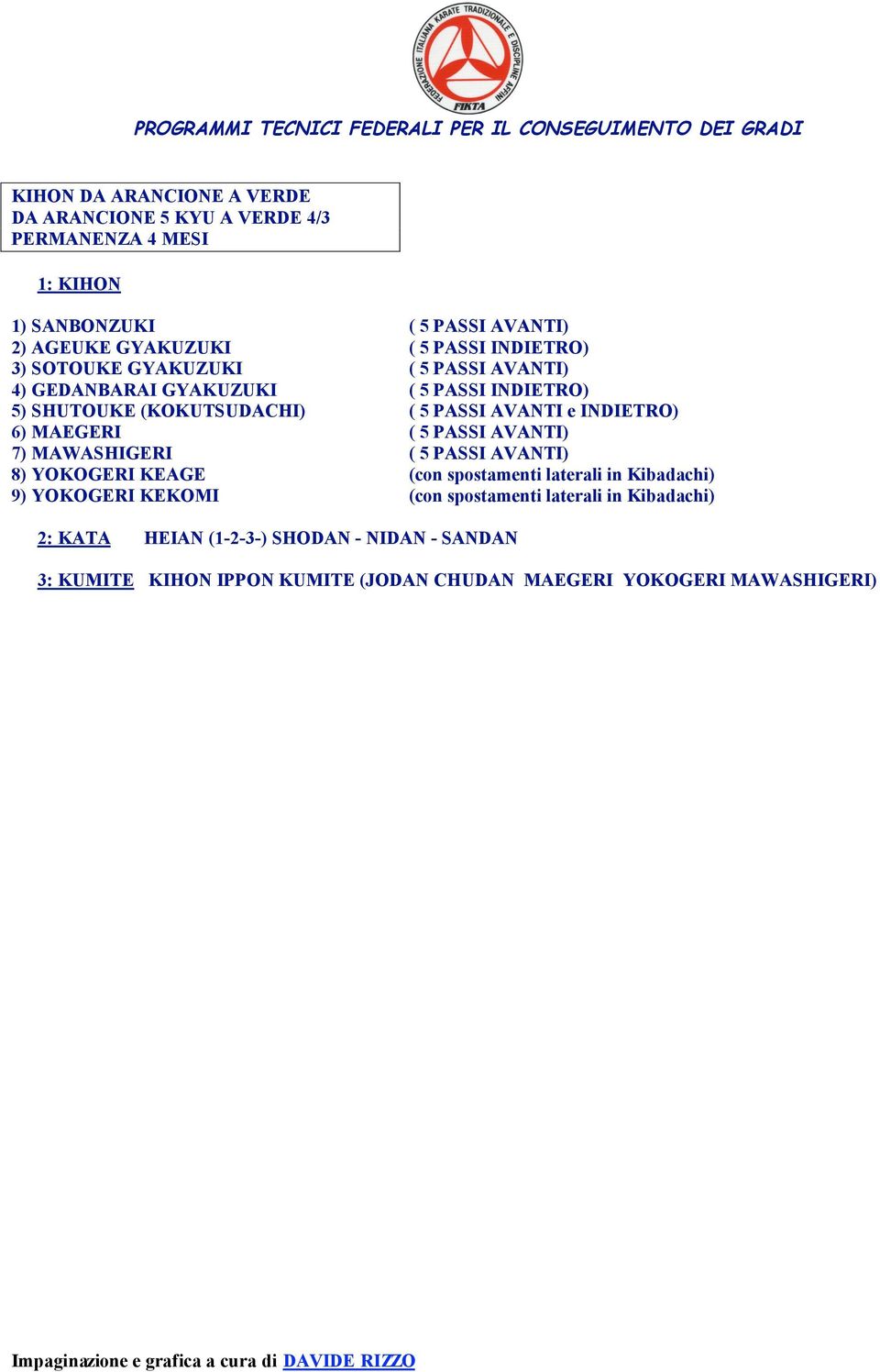 INDIETRO) 6) MAEGERI ( 5 PASSI AVANTI) 7) MAWASHIGERI ( 5 PASSI AVANTI) 8) YOKOGERI KEAGE (con spostamenti laterali in Kibadachi) 9) YOKOGERI