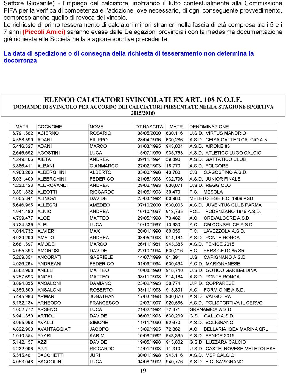 Le richieste di primo tesseramento di calciatori minori stranieri nella fascia di età compresa tra i 5 e i 7 anni (Piccoli Amici) saranno evase dalle Delegazioni provinciali con la medesima