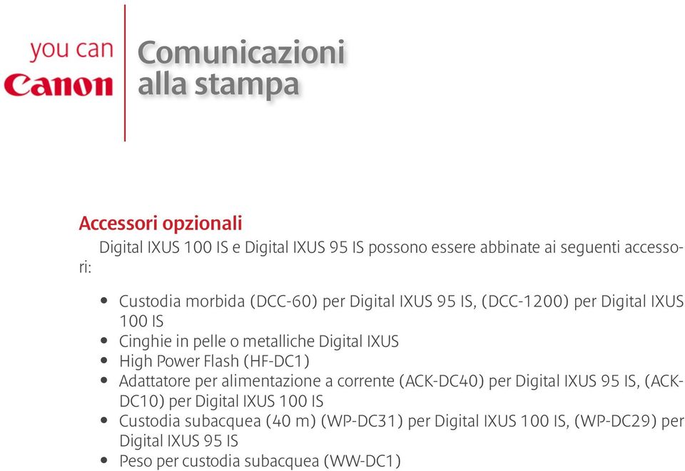 Digital IXUS High Power Flash (HF-DC1) Adattatore per alimentazione a corrente (ACK-DC40) per Digital IXUS 95 IS, (ACK- DC10) per