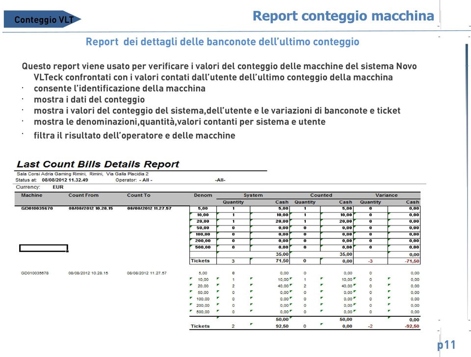 consente l identificazione della macchina mostra i dati del conteggio mostra i valori del conteggio del sistema,dell utente e le