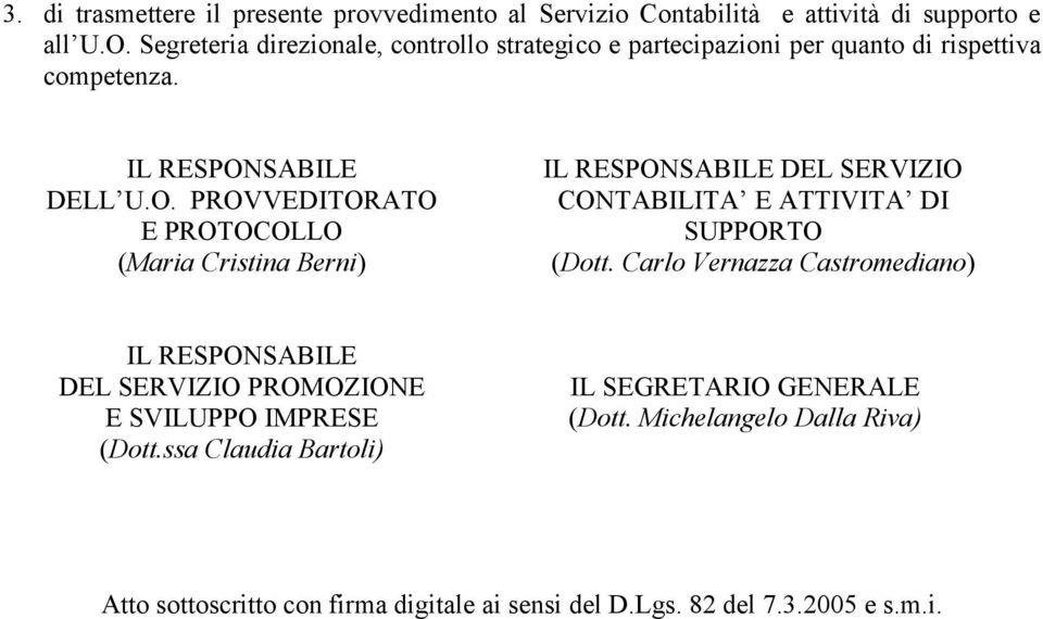 SABILE DELL U.O. PROVVEDITORATO E PROTOCOLLO (Maria Cristina Berni) IL RESPONSABILE DEL SERVIZIO CONTABILITA E ATTIVITA DI SUPPORTO (Dtt.