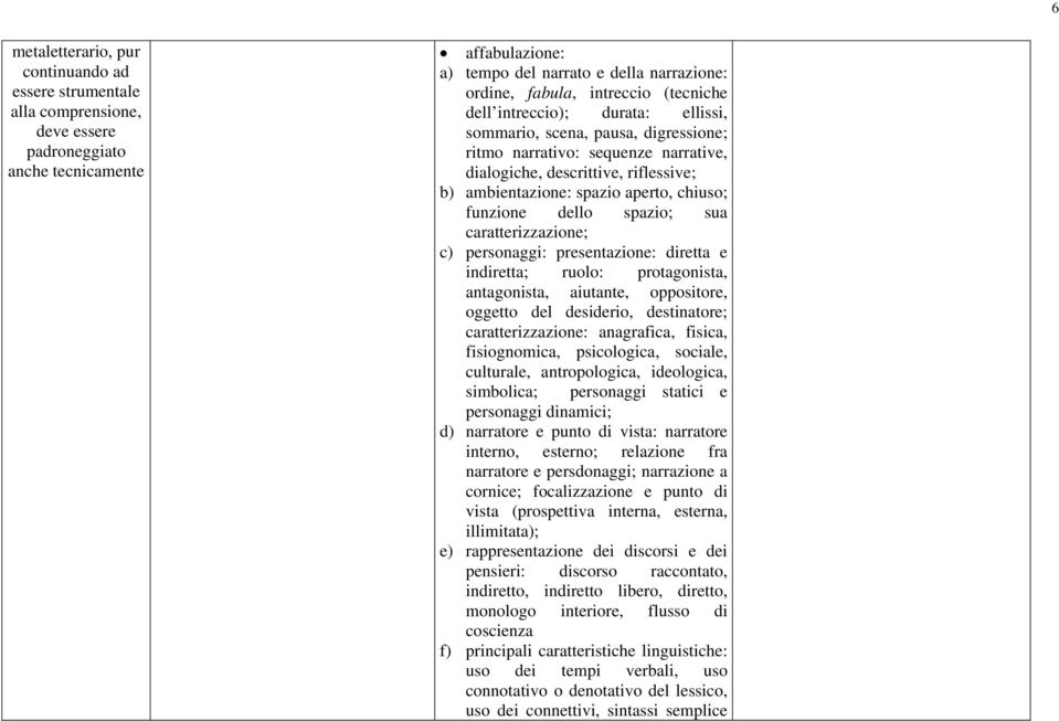 chiuso; funzione dello spazio; sua caratterizzazione; c) personaggi: presentazione: diretta e indiretta; ruolo: protagonista, antagonista, aiutante, oppositore, oggetto del desiderio, destinatore;