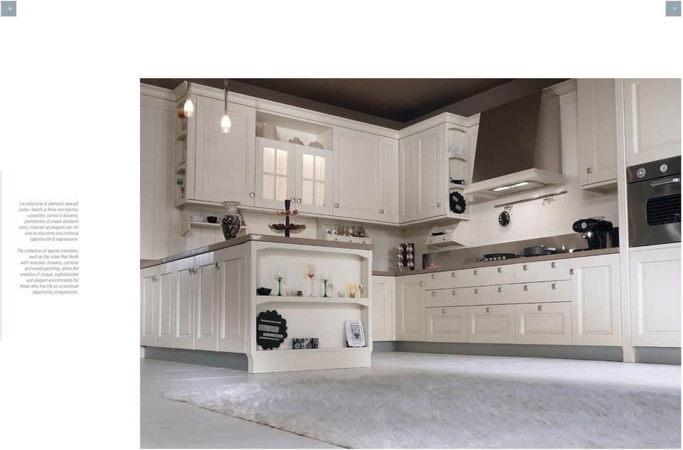 The collection of special elements, such as the sides that finish with recesses, drawers, cornices and wood panelling,