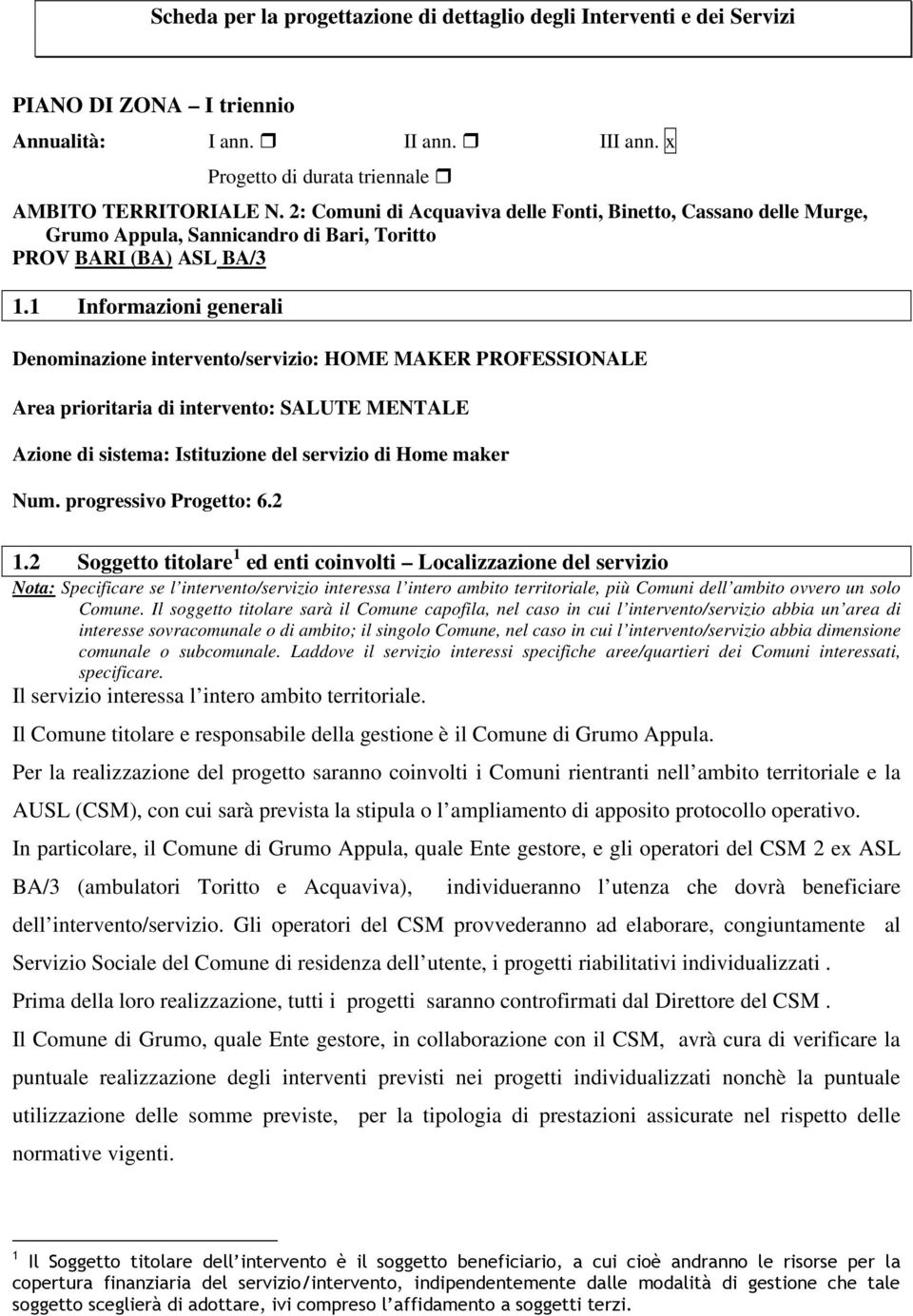 1 Informazioni generali Denominazione intervento/servizio: HOME MAKER PROFESSIONALE Area prioritaria di intervento: SALUTE MENTALE Azione di sistema: Istituzione del servizio di Home maker Num.