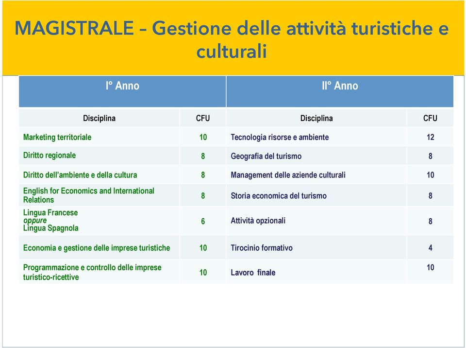 English for Economics and International Relations Lingua Francese oppure Lingua Spagnola 8 Storia economica del turismo 8 6 Attività opzionali 8