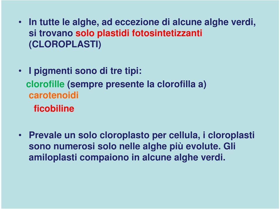 la clorofilla a) carotenoidi ficobiline Prevale un solo cloroplasto per cellula, i