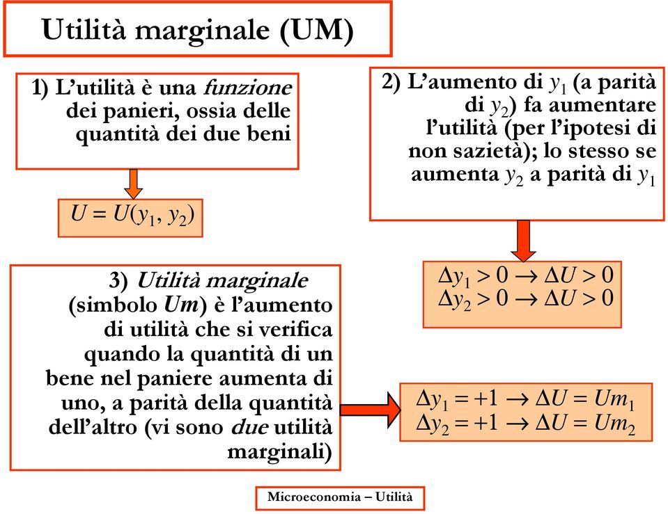 della quantità dell altro (vi sono due utilità marginali) 2) L aumento di y 1 (a parità di y 2 ) fa aumentare l utilità (per l