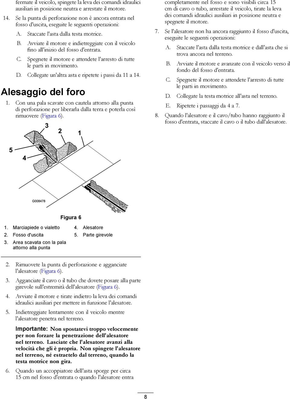 Avviate il motore e indietreggiate con il veicolo fino all'inizio del fosso d'entrata. C. Spegnete il motore e attendete l'arresto di tutte le parti in movimento. D.