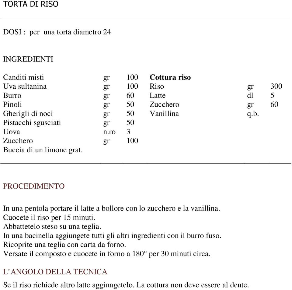 PROCEDIMENTO In una pentola portare il latte a bollore con lo zucchero e la vanillina. Cuocete il riso per 15 minuti. Abbattetelo steso su una teglia.