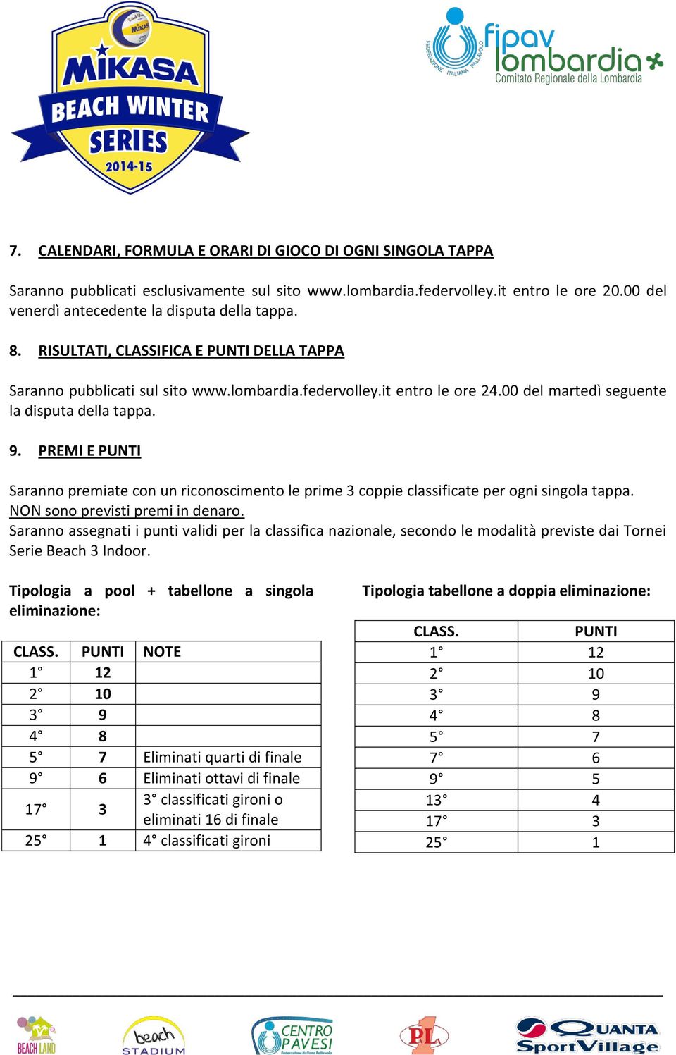 PREMI E PUNTI Saranno premiate con un riconoscimento le prime 3 coppie classificate per ogni singola tappa. NON sono previsti premi in denaro.