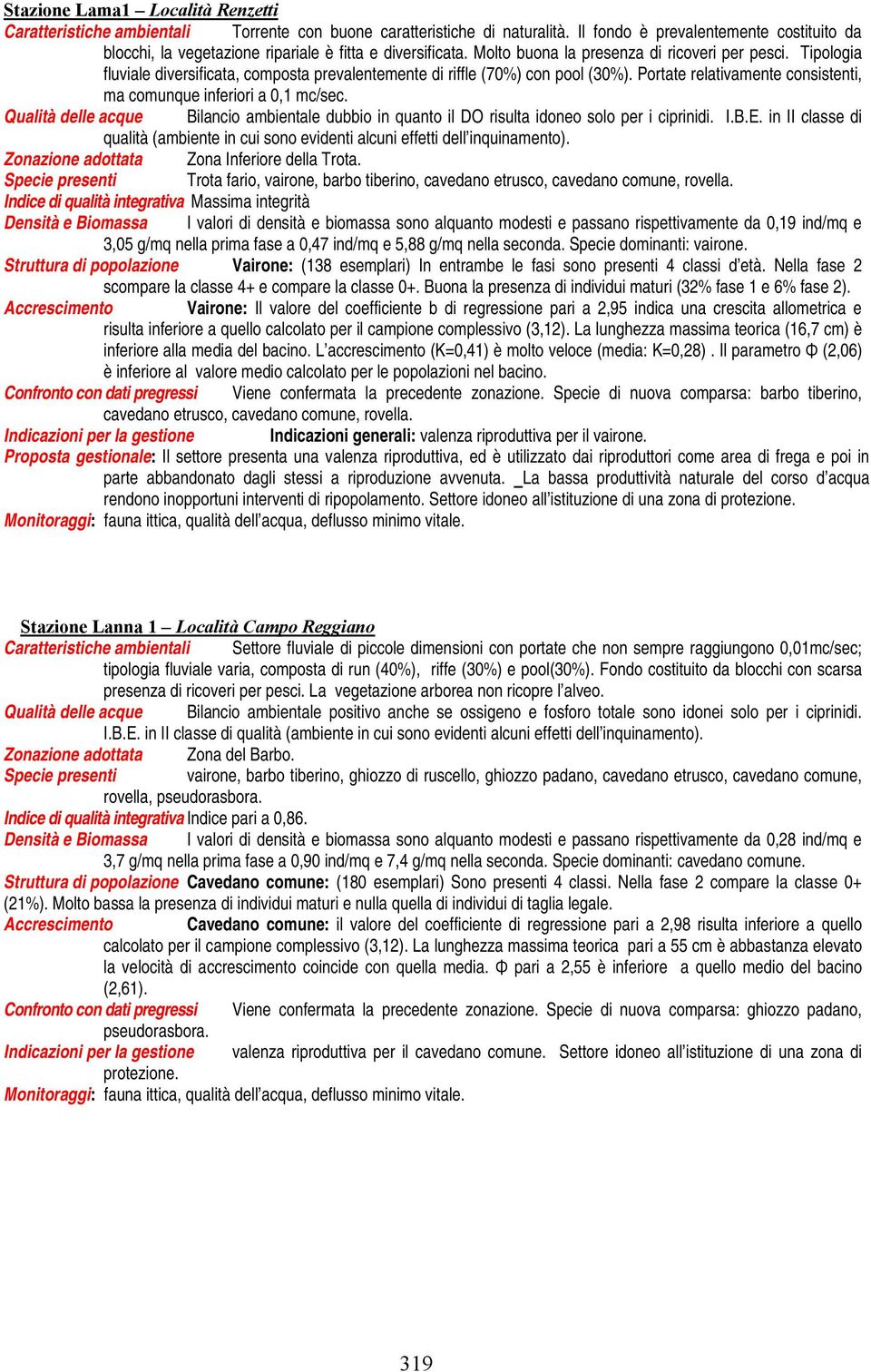 Tipologia fluviale diversificata, composta prevalentemente di riffle (70%) con pool (30%). Portate relativamente consistenti, ma comunque inferiori a 0,1 mc/sec.