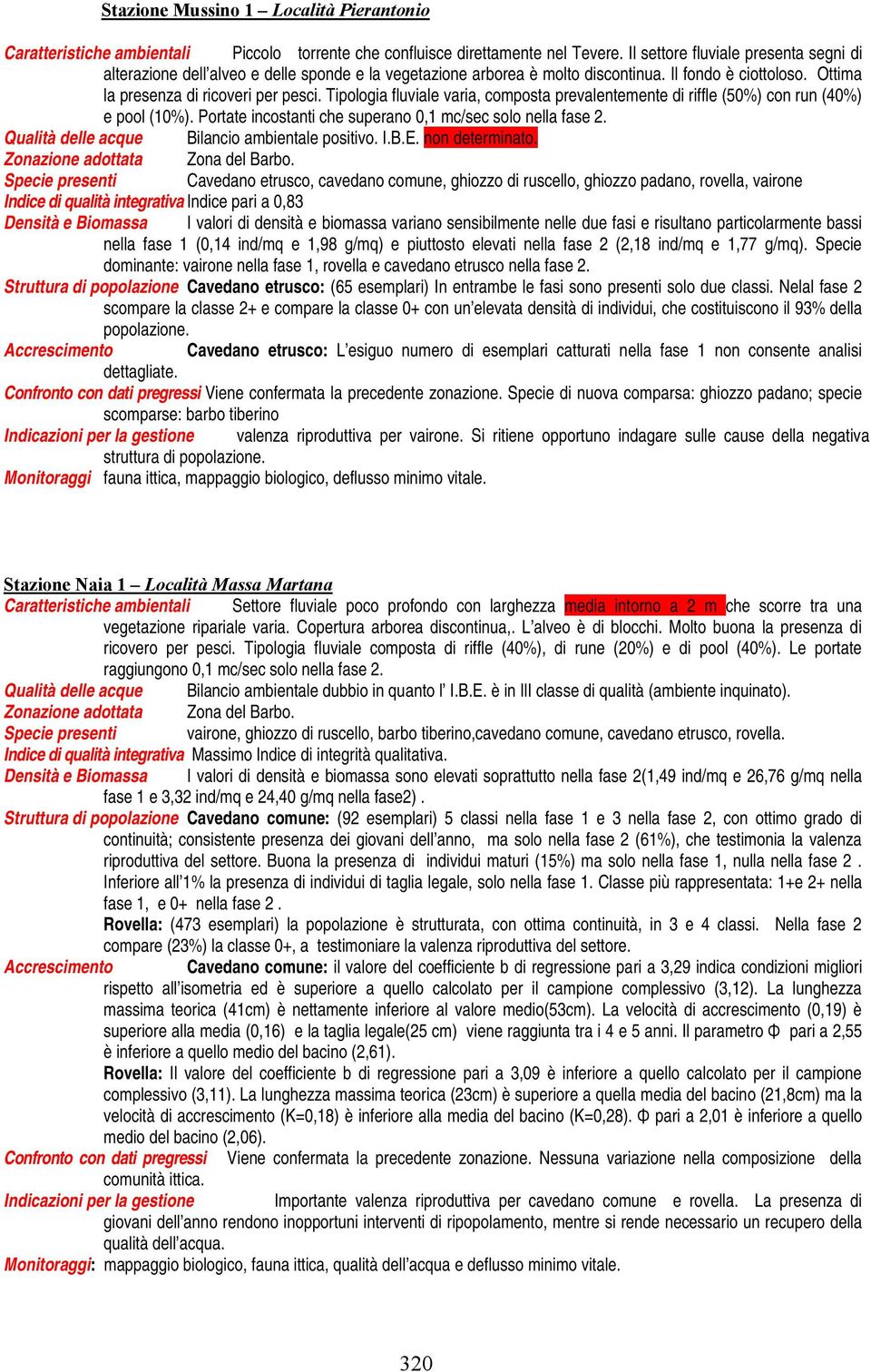 Tipologia fluviale varia, composta prevalentemente di riffle (50%) con run (40%) e pool (10%). Portate incostanti che superano 0,1 mc/sec solo nella fase 2.