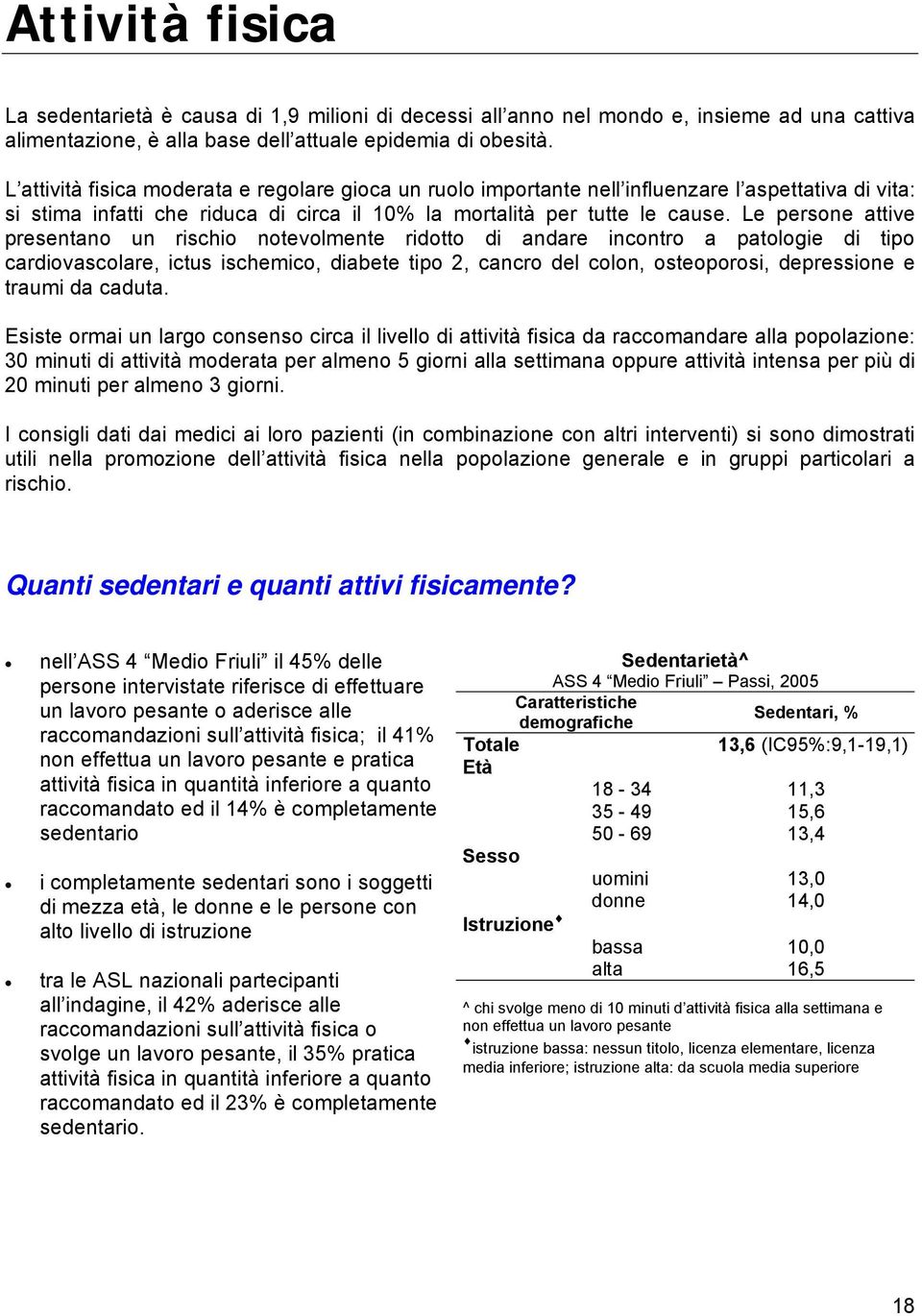 Le persone attive presentano un rischio notevolmente ridotto di andare incontro a patologie di tipo cardiovascolare, ictus ischemico, diabete tipo 2, cancro del colon, osteoporosi, depressione e