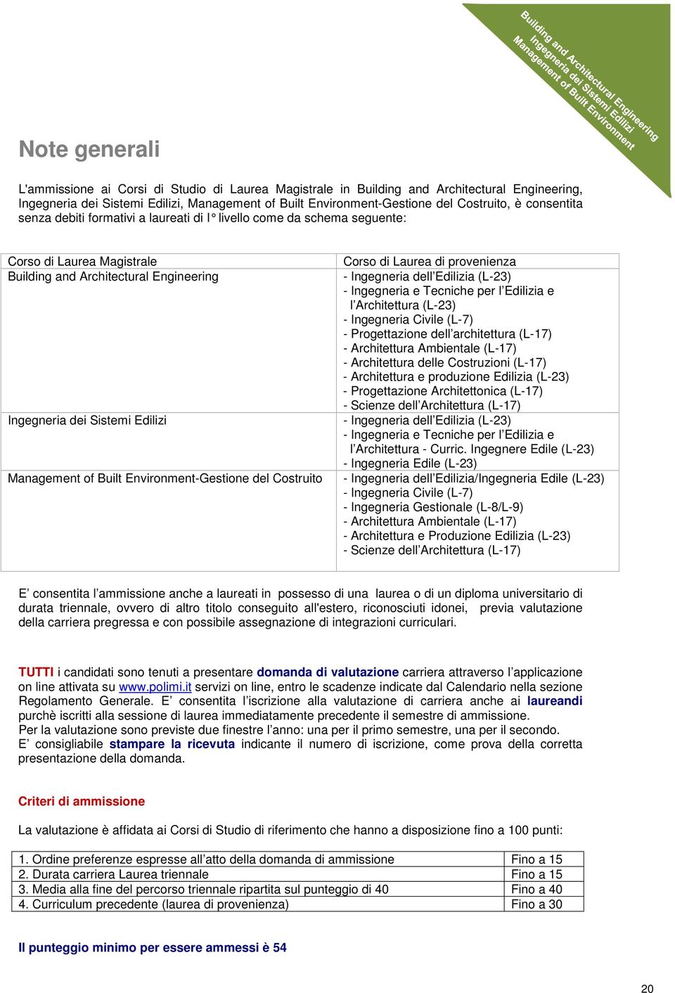 Environment-Gestione del Costruito Corso di Laurea di provenienza - Ingegneria dell Edilizia (L-23) - Ingegneria e Tecniche per l Edilizia e l Architettura (L-23) - Ingegneria Civile (L-7) -