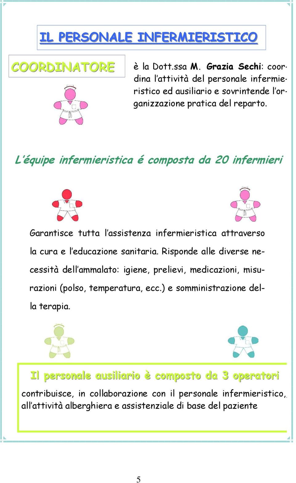 L équipe infermieristica é composta da 20 infermieri Garantisce tutta l assistenza infermieristica attraverso la cura e l educazione sanitaria.