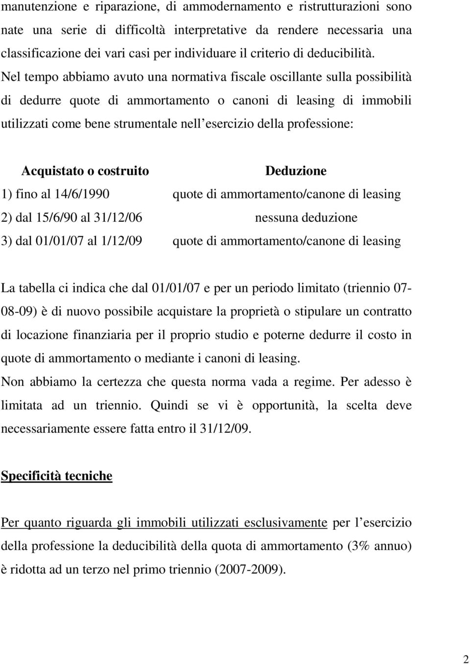 Nel tempo abbiamo avuto una normativa fiscale oscillante sulla possibilità di dedurre quote di ammortamento o canoni di leasing di immobili utilizzati come bene strumentale nell esercizio della