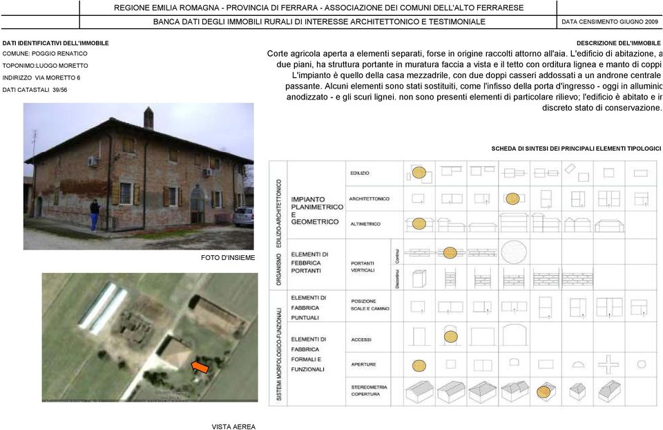 L'impianto è quello della casa mezzadrile, con due doppi casseri addossati a un androne centrale passante.