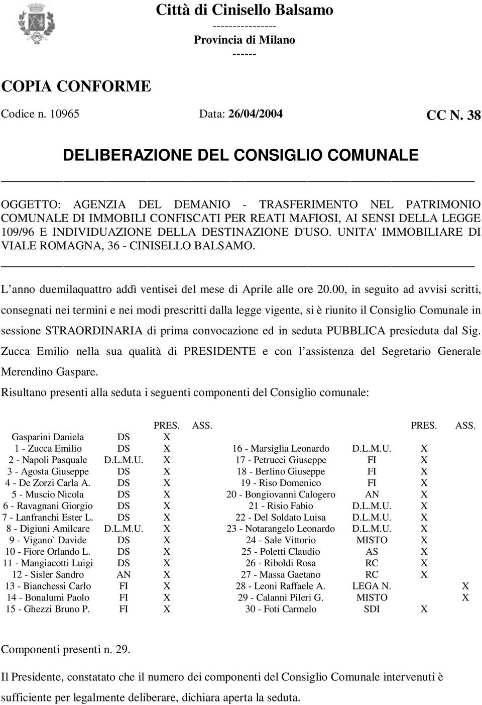 DELLA DESTINAZIONE D'USO. UNITA' IMMOBILIARE DI VIALE ROMAGNA, 36 - CINISELLO BALSAMO. L anno duemilaquattro addì ventisei del mese di Aprile alle ore 20.