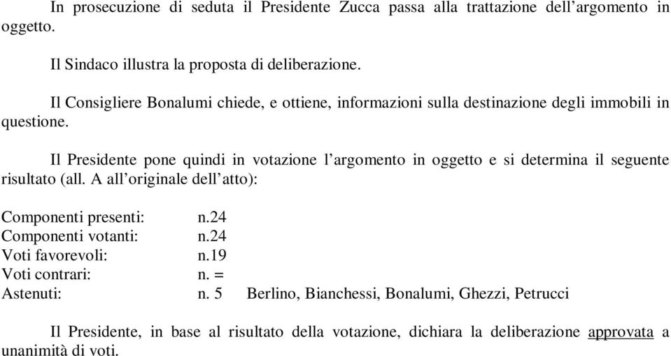 Il Presidente pone quindi in votazione l argomento in oggetto e si determina il seguente risultato (all. A all originale dell atto): Componenti presenti: n.