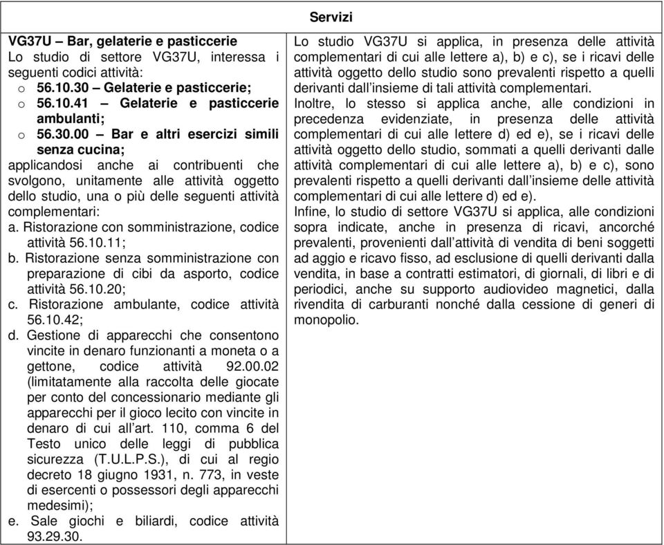 00 Bar e altri esercizi simili senza cucina; applicandosi anche ai contribuenti che svolgono, unitamente alle attività oggetto dello studio, una o più delle seguenti attività complementari: a.