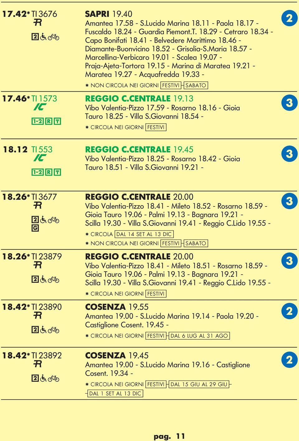 33 - * NON IRO NEI IORNI [festivi]-[sabato] 17.46* TI 1573 REIO.ENTRE 19.13 Vibo Valentia-Pizzo 17.59 - Rosarno 18.16 - ioia Tauro 18.25 - Villa S.iovanni 18.54 - * IRO NEI IORNI [festivi] 18.