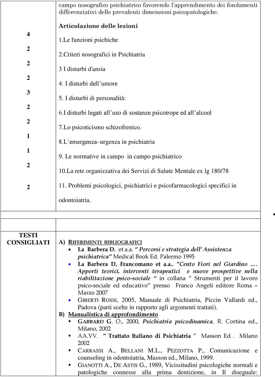 Lo psicoticismo schizofrenico. 8.L emergenza urgenza in psichiatria 9. Le normative in campo in campo psichiatrico 10.La rete organizzativa dei Servizi di Salute Mentale ex lg 180/78 11.