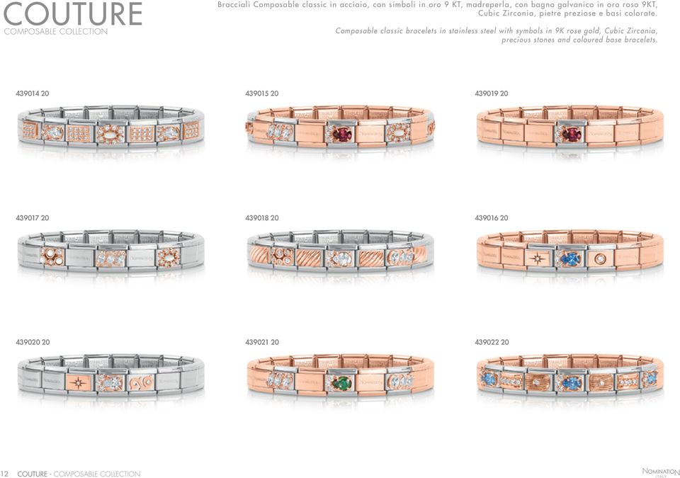 Composable classic bracelets in stainless steel with symbols in 9K rose gold, Cubic Zirconia, precious stones and