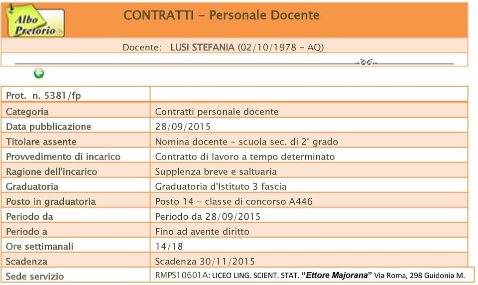 3 fascia Posto 14 - classe di concorso A446