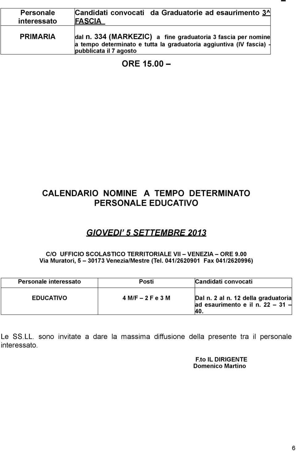 00 CALENDARIO NOMINE A TEMPO DETERMINATO PERSONALE EDUCATIVO GIOVEDI 5 SETTEMBRE 2013 C/O UFFICIO SCOLASTICO TERRITORIALE VII VENEZIA ORE 9.