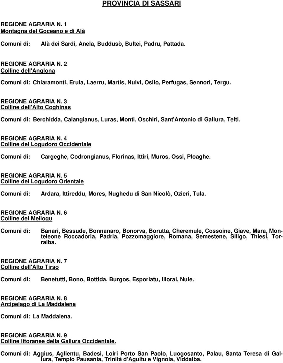 4 Colline del Logudoro Occidentale Cargeghe, Codrongianus, Florinas, Ittiri, Muros, Ossi, Ploaghe. REGIONE AGRARIA N.